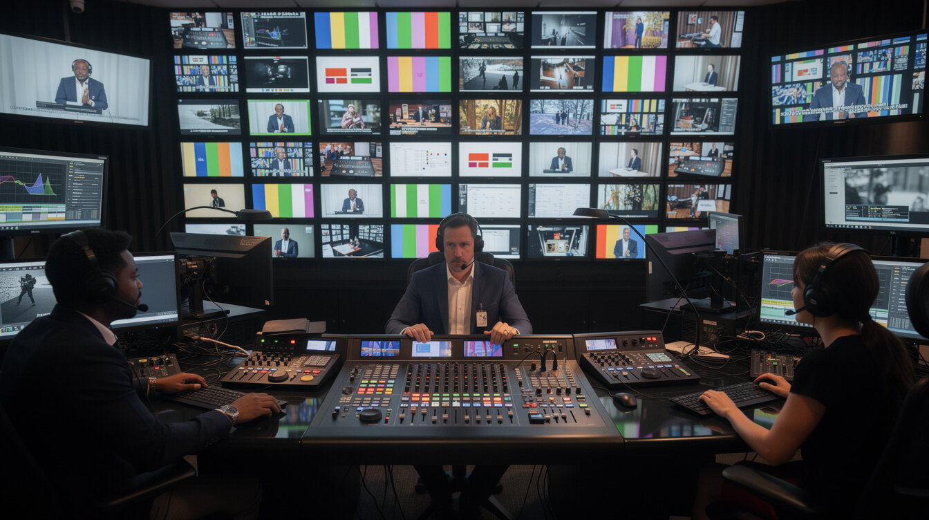Broadcast control room with multiple video monitors