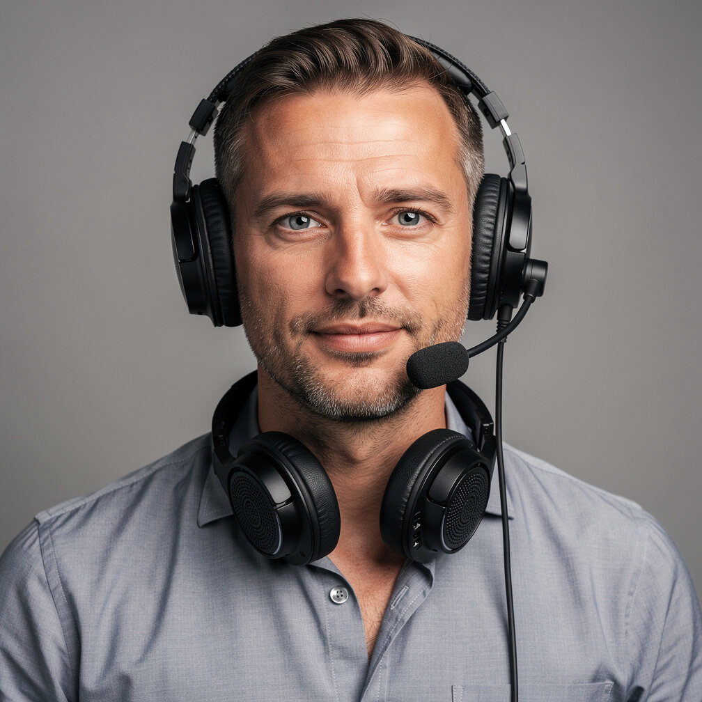 Studio photo of a British man technical director wearing a headset