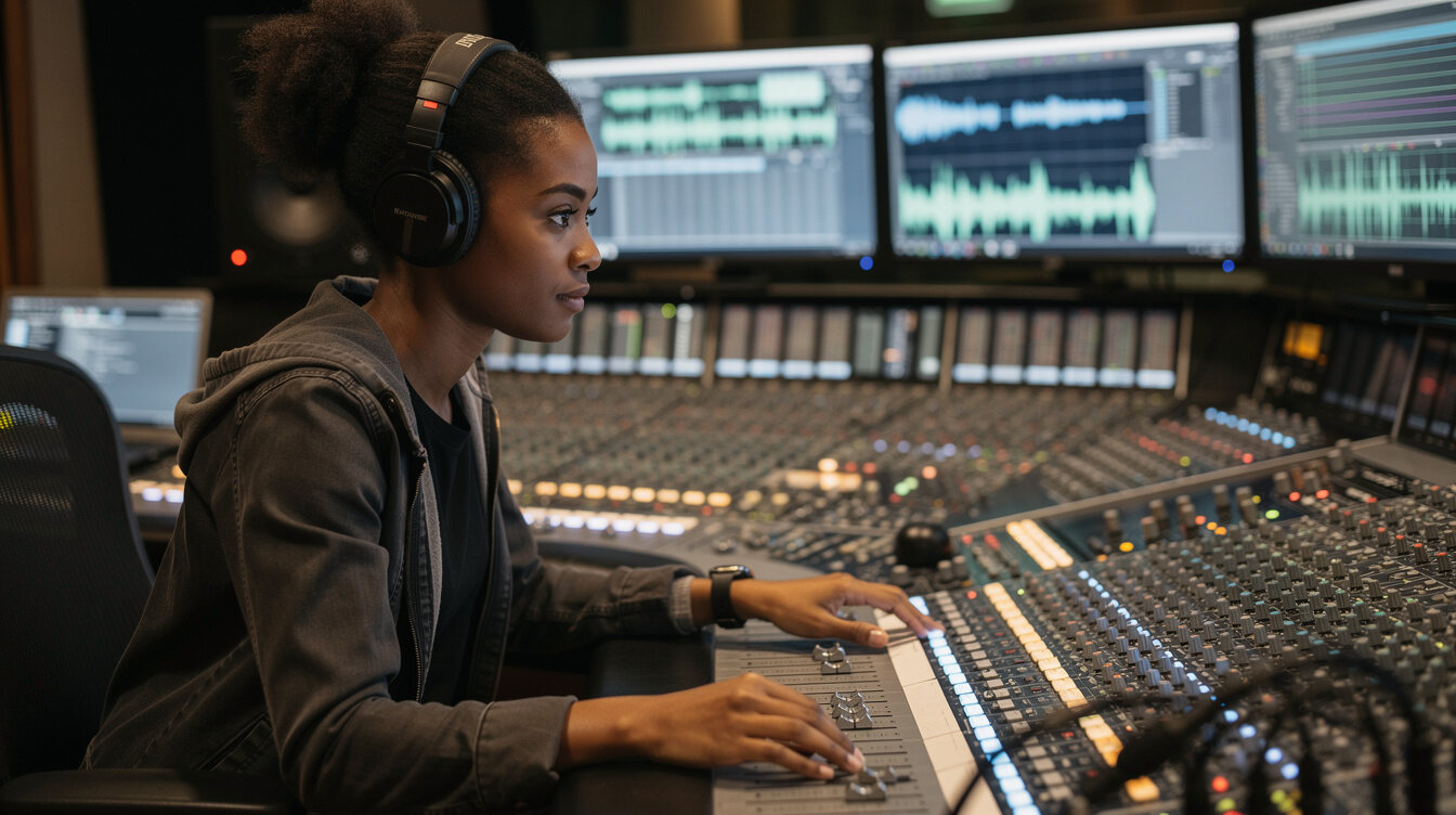 Audio engineer working at a broadcast sound mixing console