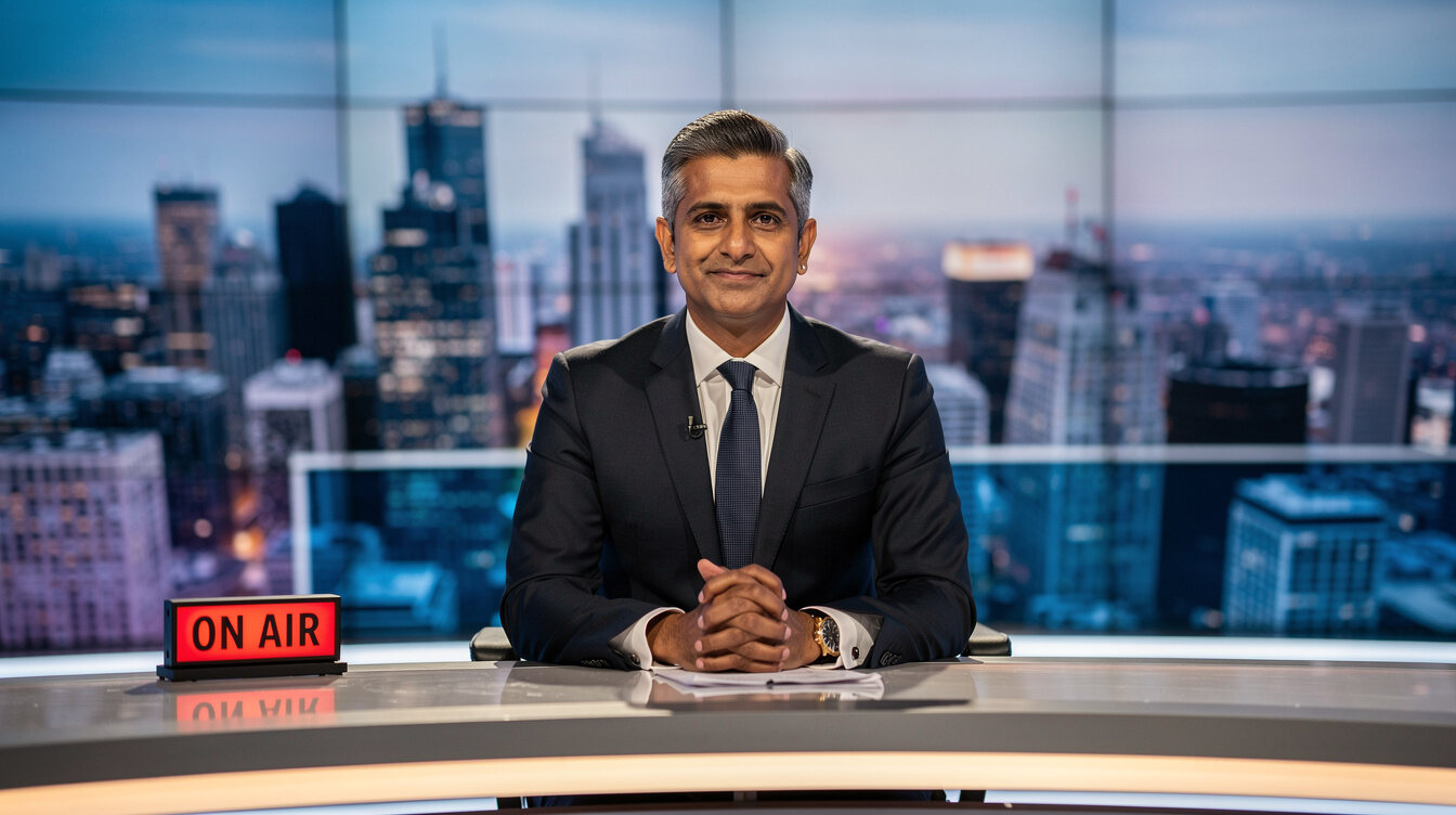 News presenter on air at a live broadcast desk