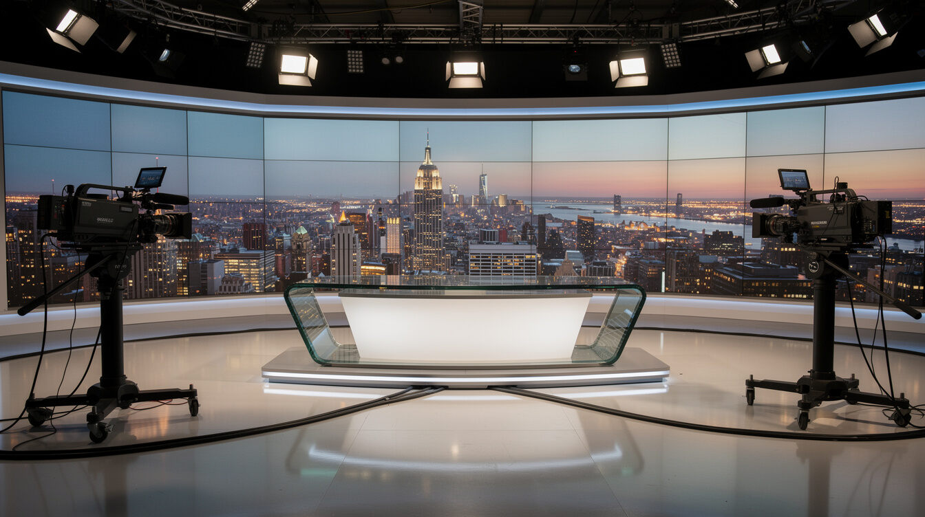 Multiple broadcast cameras positioned around a news studio desk