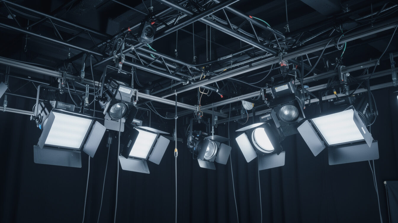 Studio lighting rig with softboxes and grid