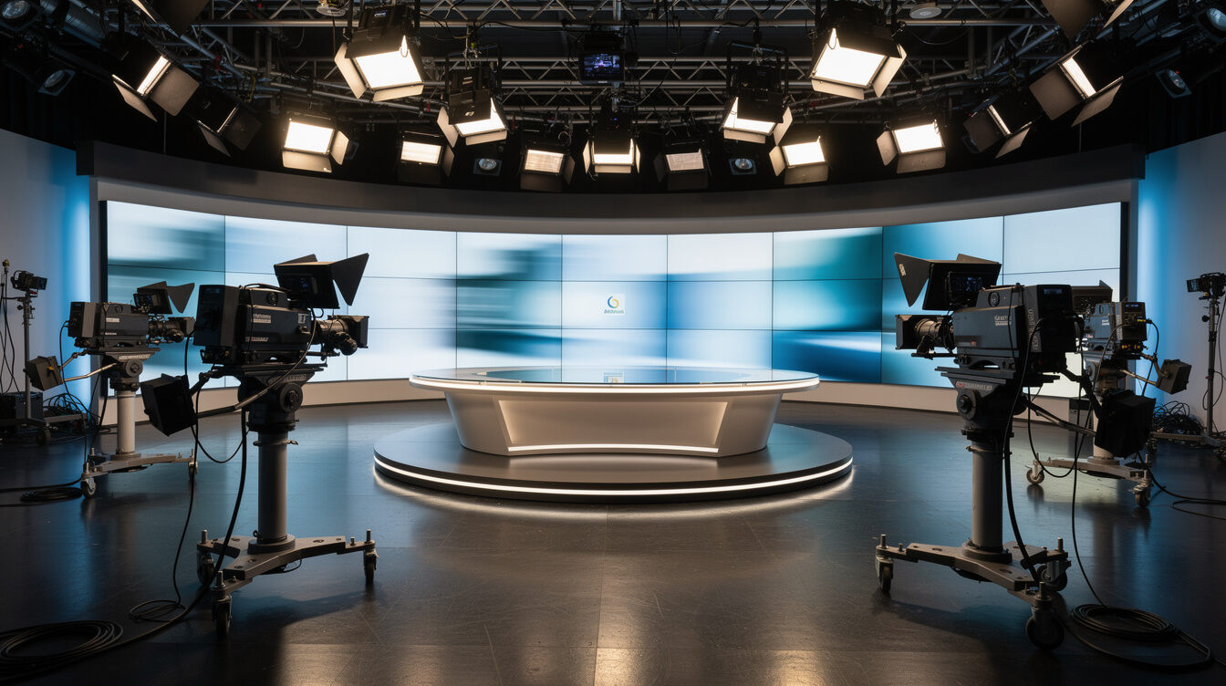 Wide shot of a professional television studio with cameras and lighting rigs