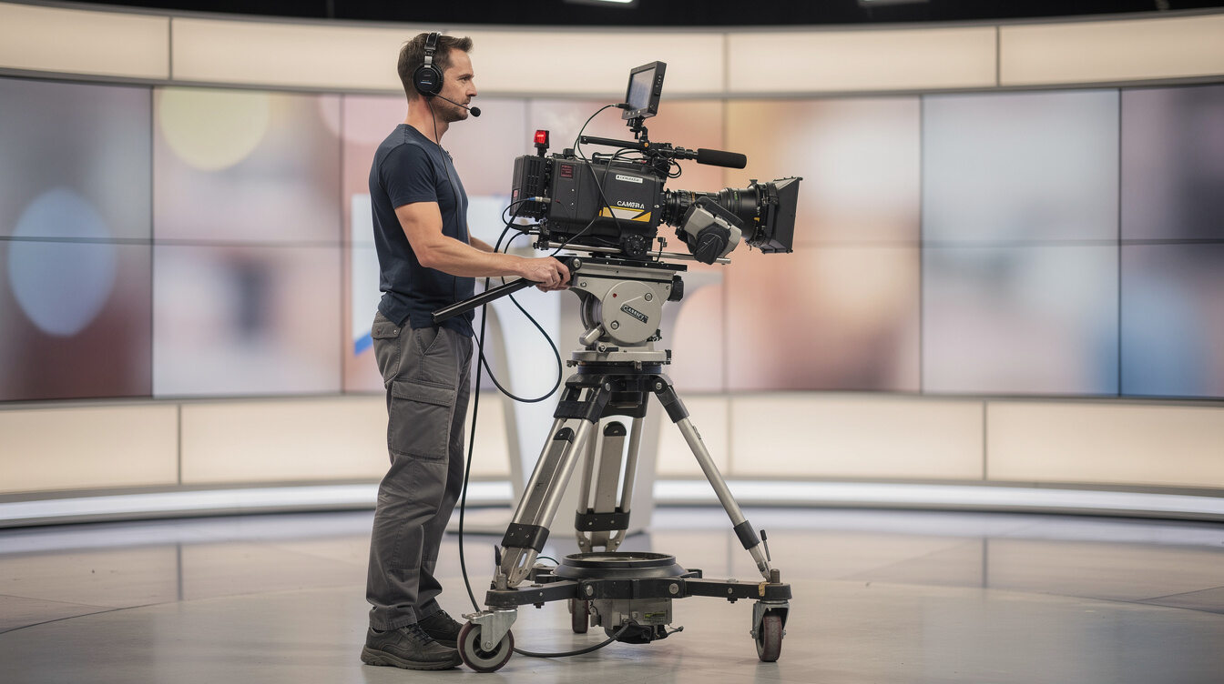 Camera operator filming on a television studio set